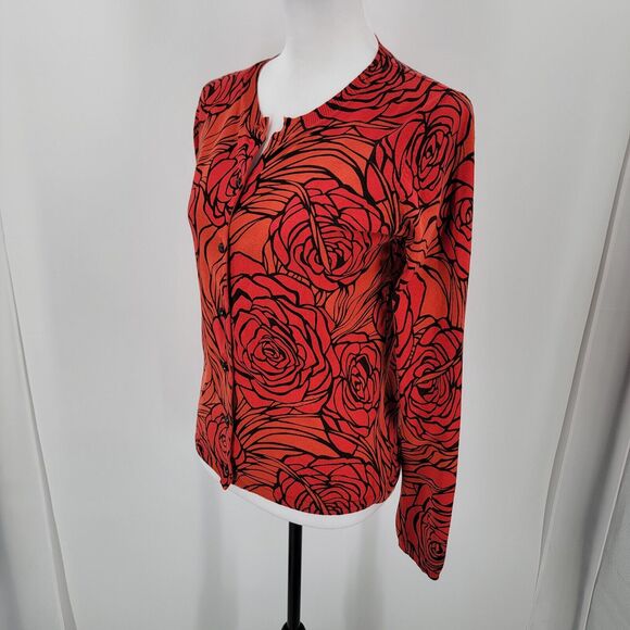 Harolds Cardigan Womens Small Silk Blend Floral Button Up Red Orange Black - Picture 6 of 12